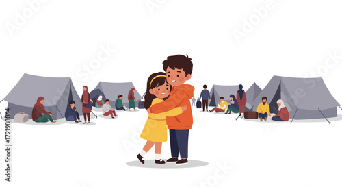 Touching vector illustration of siblings embracing at a vibrant refugee camp