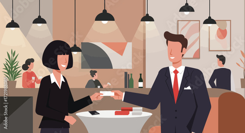 Networking event illustration: Professionals exchanging cards at a modern venue