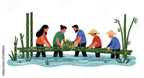 Community collaboration: Neighbors construct a bamboo bridge together in stylized illustration