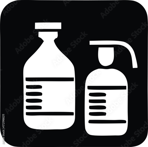 Two medical bottles including a dropper bottle and a solution bottle with labels shown in white on a black square background creating a clean graphic symbol