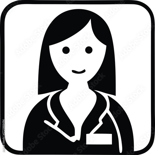 Simple black and white icon of a female healthcare professional with stethoscope and id badge represents medical care and expertise