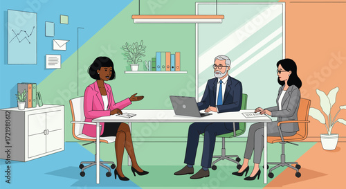 Stylized illustration of candidate in job interview with panel of professionals