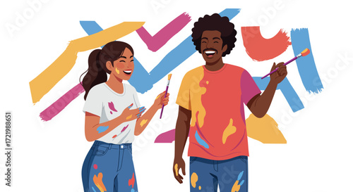 Joyful collaboration: diverse friends painting a vibrant mural together laughing