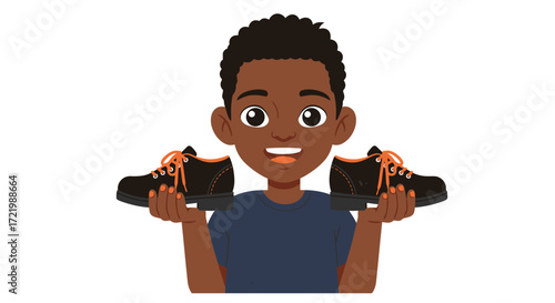 Illustration of a joyful boy with new shoes symbolizing donation and support