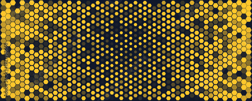 Hexagon Background Glowing Honeycomb Pattern In Yellow Blue Colors for AI, Tech Digital Forum and Conference Ad Presentation. Hexagonal Modern Texture. Halftone Gradient Backdrop. Vector Abstract BG
