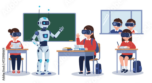 Futuristic education concept illustration featuring virtual reality in the classroom