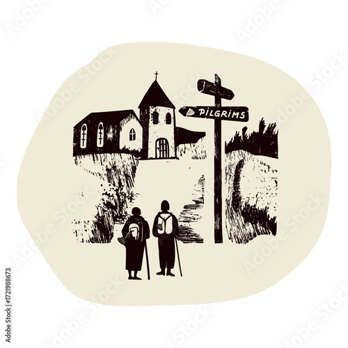 Clipart pilgrim women group with rucksack and shell walking on church sanctuary signpost path. For Canterbury pilgrims way or Camino religious pilgrimage walk. Hospitality sacred vector icon drawing.