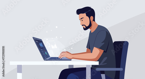 Young entrepreneur diligently working late night on his laptop analyzing data