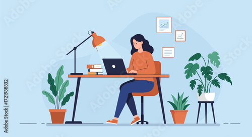 Woman working from home with laptop and plants in a cozy workspace