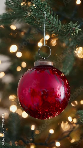 Christmas tree branch ornament bauble tied red ribbon, glowing holiday lights festive atmosphere, cozy seasonal decoration, winter celebration joyful New Year spirit, sparkling background vertical