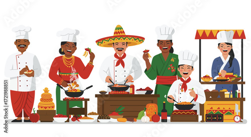 Vibrant culinary celebration showcasing chefs from diverse backgrounds collaborating and cooking together