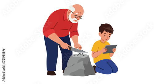 Generational divide: Grandfather sharpens knife as grandson uses tablet on white