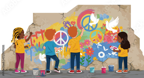 Diverse children collaboratively painting a vibrant peace mural on city wall