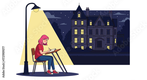 A student under streetlamp studying near a mansion on a starry night