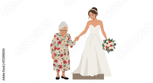 Bride assists her grandmother down stairs on wedding day showcasing family bond