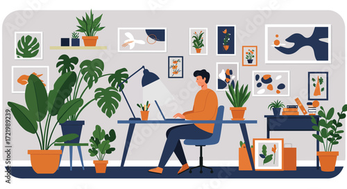 Stylized Workspace Illustration with Plants and Modern Artwork Featuring a Professional
