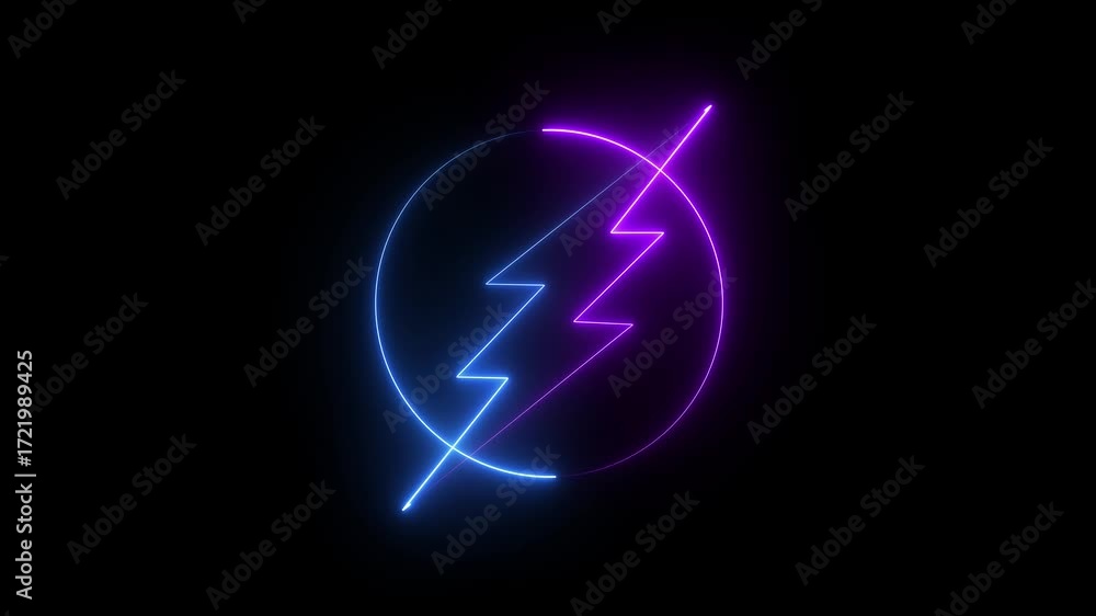 Power Icon Animation. neon Electric Icon Animation With Glowing Circle. Glowing neon line Battery icon animated video. Lightning blinking bolt symbol on a black background.