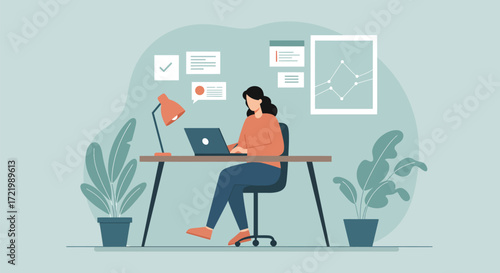 Stylized illustration of a woman working remotely from her modern home office
