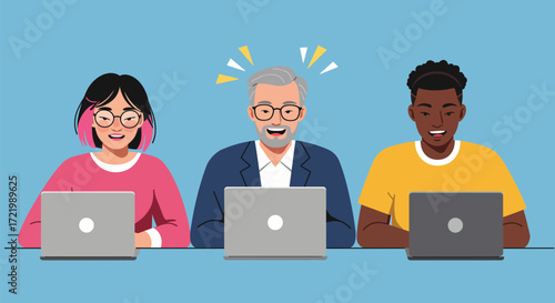 Diverse team collaborating around laptops in a modern workspace setting