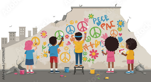 Diverse children painting a vibrant mural of peace symbols on city wall