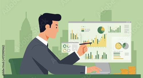 Financial analyst examining business data on screen in stylized vector art