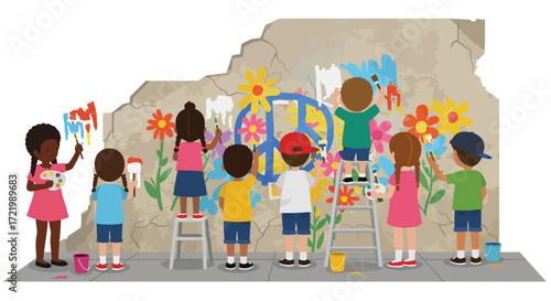 Diverse children creating a vibrant mural of peace and flowers on old wall