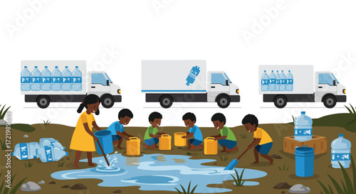 Children collecting water amid water scarcity issue and inequality