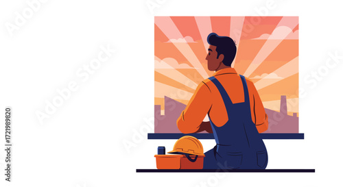 Industrial worker contemplates sunrise at factory window, a moment of respite
