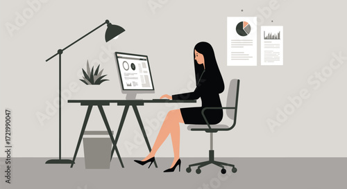 Professional woman working at desk with computer and organized workspace