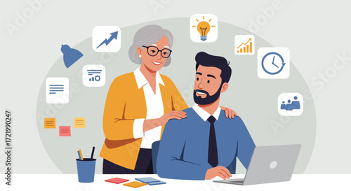 Experienced mentor guiding young professional in modern office setting
