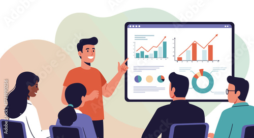 Engaging business presentation with diverse team and data visualization