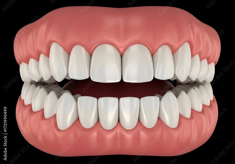 Obraz premium A close up view of a set of teeth with pink gums against a black colored background and good lighting