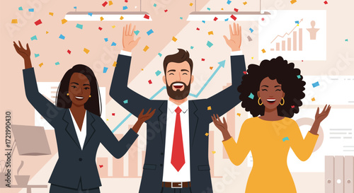 Diverse professionals joyfully celebrating company achievements amidst falling confetti