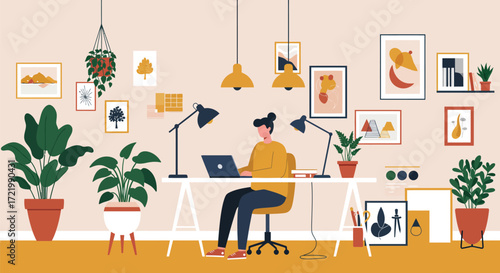 Stylized creative office space with professional and modern wall art