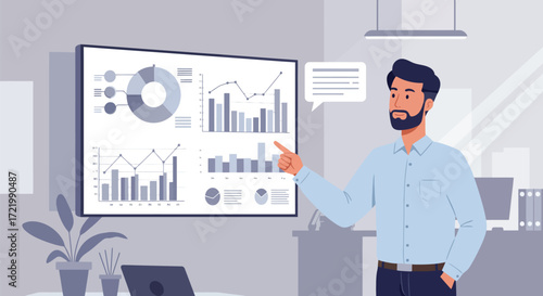 Professional presenting financial charts on screen in a modern office space