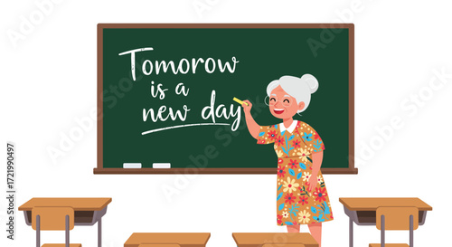 Elderly teacher cheerfully inspires students with tomorrow's hopeful message