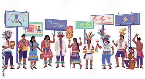 Stylized vector illustration of a lively cultural festival with vibrant attire