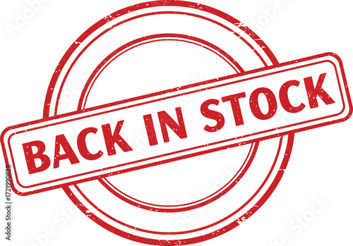 Circular stamp alerting customers back in stock for popular products and services isolated on transparent background
