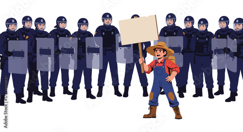 Stylized vector illustration of a farmer protesting against riot police formation