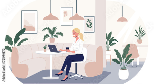 Professional woman enjoying coffee break, working on laptop in stylish office lounge