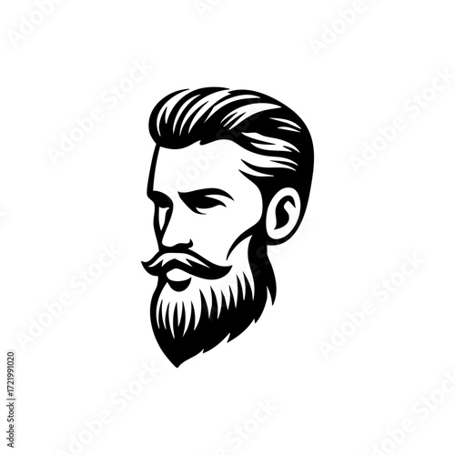 Vector outline of a bearded man with styled hair and mustache, representing a modern barbershop or men’s grooming brand identity in minimalist black and white.