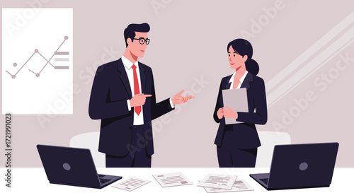 Stylized vector illustration of professionals discussing ideas and solutions