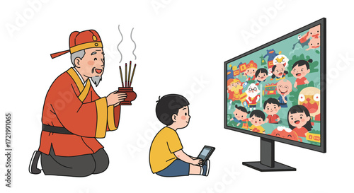 Cultural clash cartoon featuring elder offering incense and child watching TV