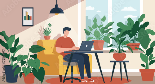 Stylized illustration of a professional working remotely from his home office