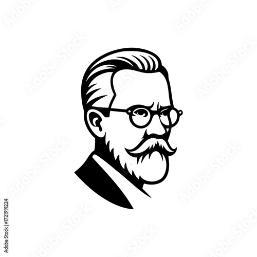 A distinguished gentleman with glasses, beard, and styled mustache, representing intelligence, wisdom, and vintage elegance.