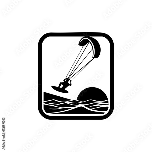 A kiteboarder gliding over waves at sunset, representing water sports, freedom, adventure, and the thrill of nature.