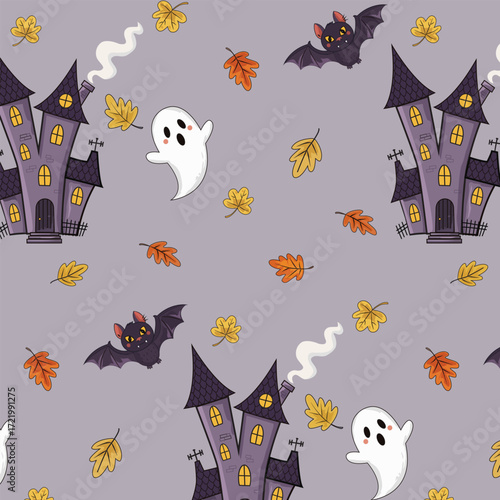  Halloween pattern. Dracula's Castle, ghost, bat, smoke from a chimney, autumn leaves. Cartoon fairy tale characters. Great for advertising banners and holiday packaging.

