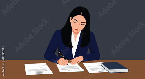 Flat vector illustration of a woman signing official documents at the desk