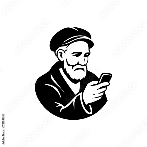Elderly man in a cap reading a smartphone with difficulty, reflecting generational technology challenges.