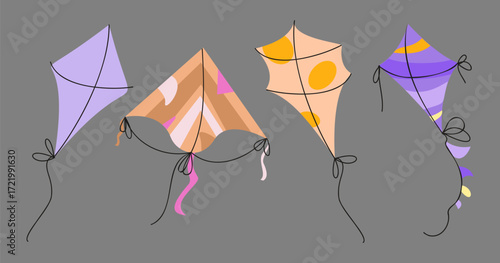 Set of vector hand drawn kites in doodle style.